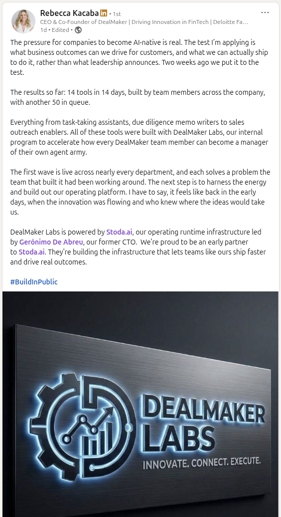 Rebecca Kacaba LinkedIn post about DealMaker Labs powered by Stoda.ai